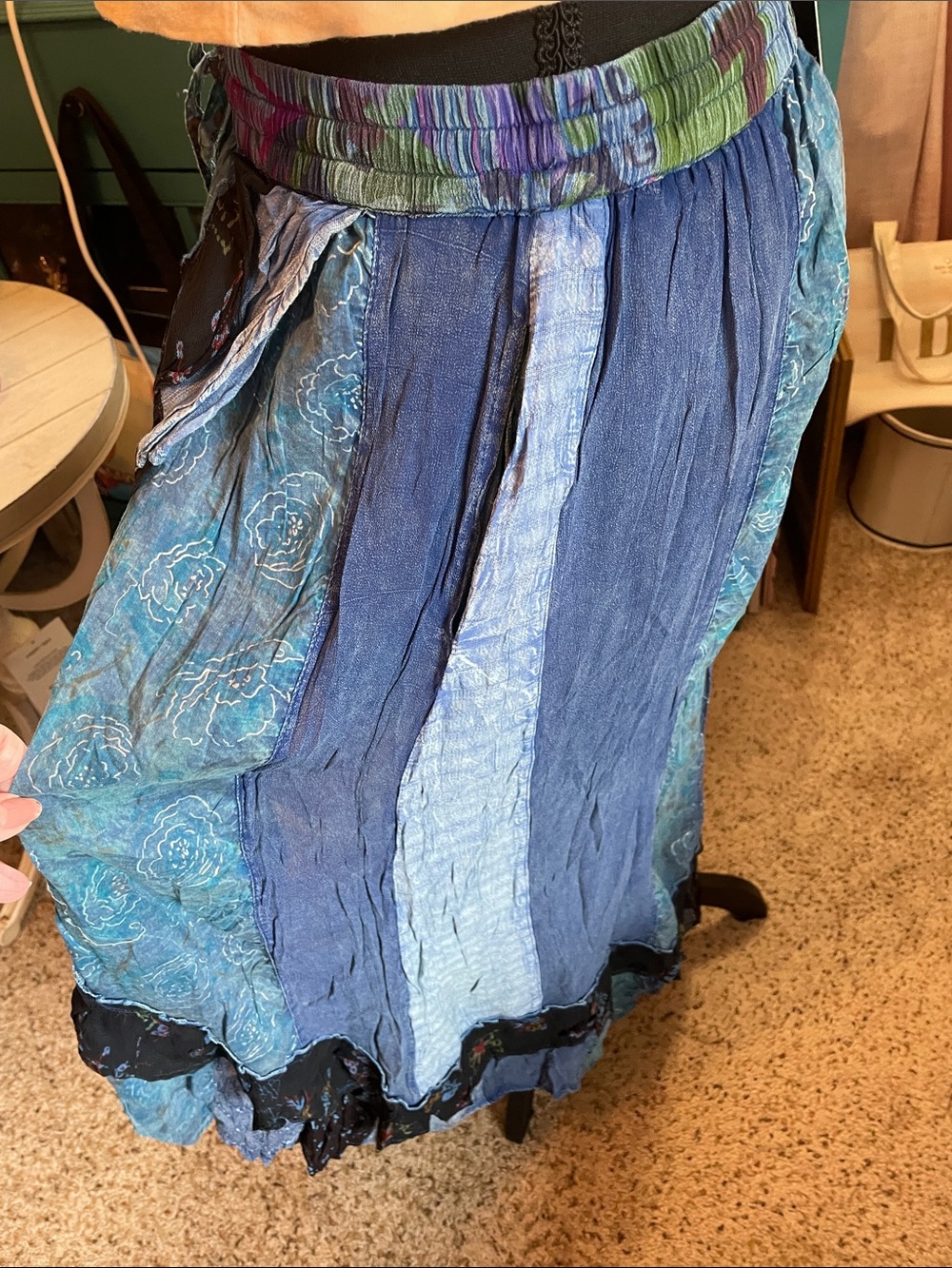 Boho Blue Patchwork Midi Skirt with Drawstring Waist Young Threads XL - Picture 6 of 16